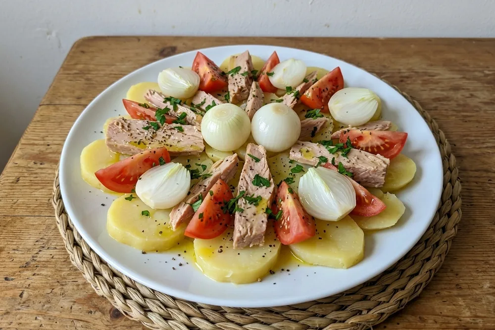 Ensalada de patata y bonito con Cebolla Grande Blanca encurtida de Guinaldo